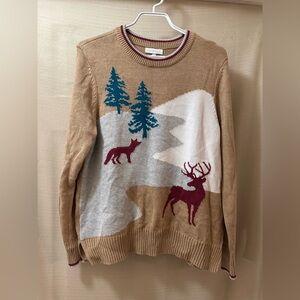 Charter Club Winter Scene Sweater Deer Fox Knit Beige Forest Pullover